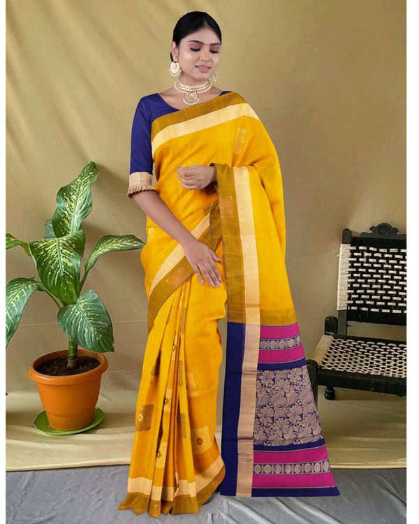 Handloom Silk cotton saree Orange Gold and Blue Zodiac colour pallu