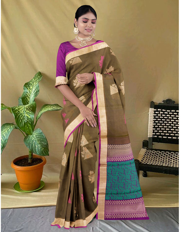 Handloom Silk cotton saree Deep Coffee and Rich Purple colour pallu