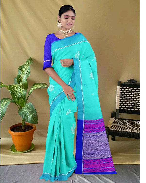 Handloom Silk cotton saree  Aqua Blue and blue colour pallu