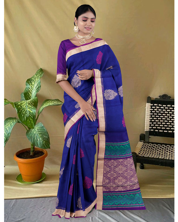 Handloom Silk cotton saree Lapis Blue and  Wine Berry colour pallu