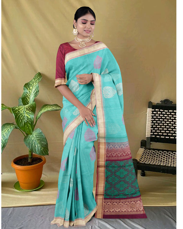 Handloom Silk cotton saree Moonstone Blue and  Wine Berry colour pallu