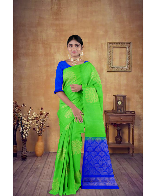 Handloom Soft Silk Saree Fresh Green with blue pallu