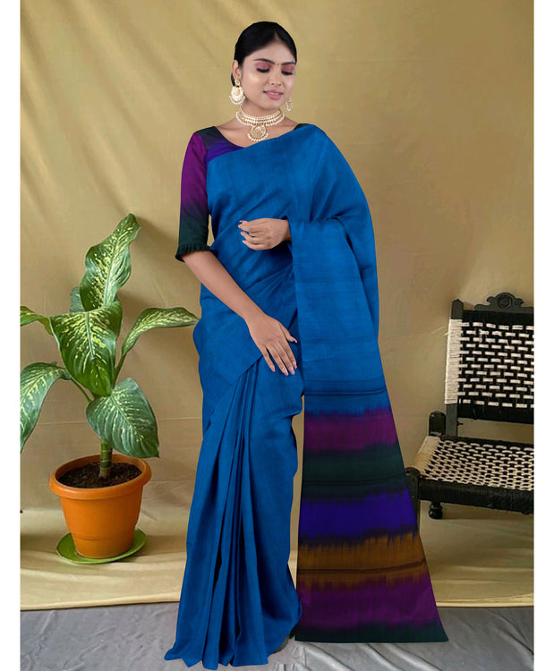 Handloom Silk cotton saree checked Yale Blue with multi colour pallu