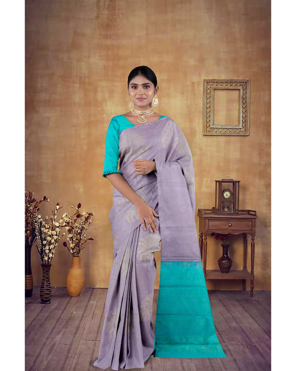 Handloom Soft Silk Saree Dusty Lavender with Blue Green pallu