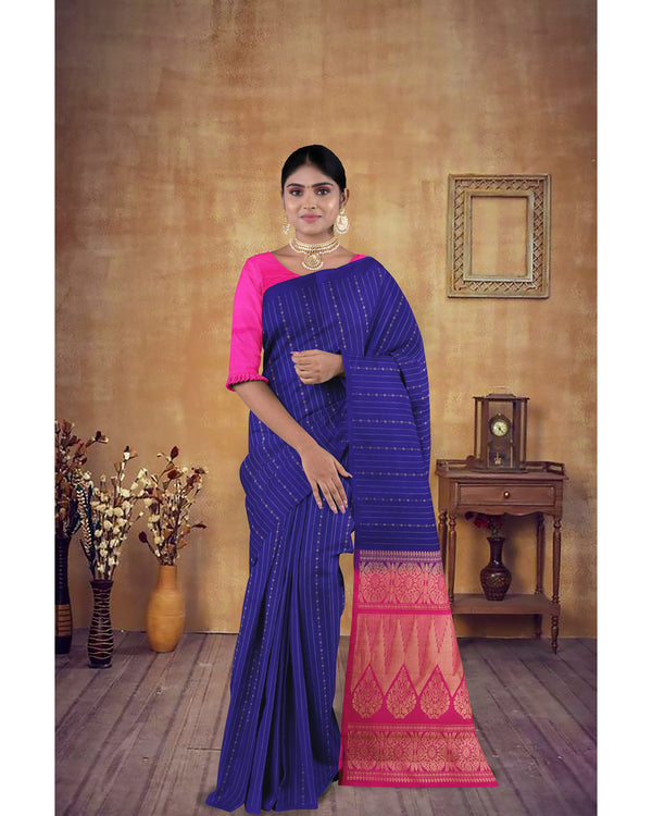 Handloom Soft Silk Saree Persian Indigo with Burnt Pink pallu