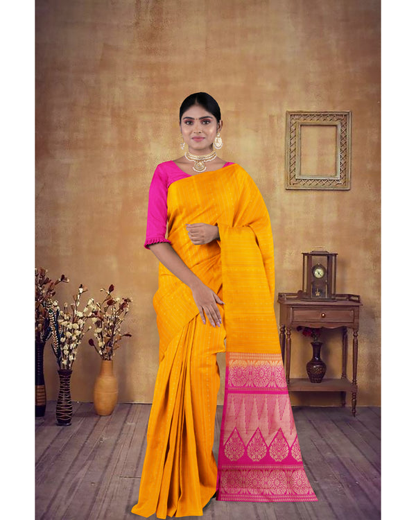 Handloom Soft Silk Saree Golden yellow with Burnt Pink pallu