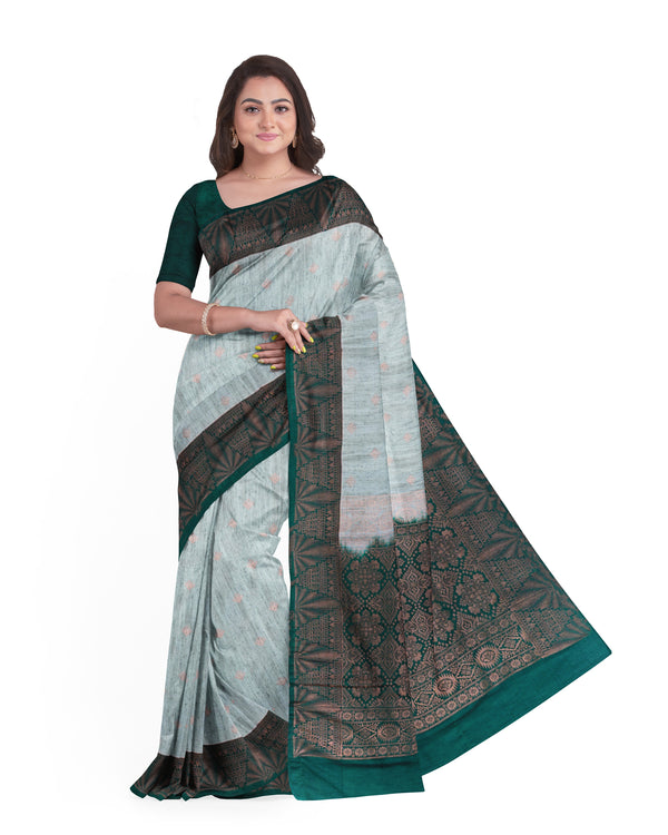 Dupion Semi soft silk gray with  aqua green pallu