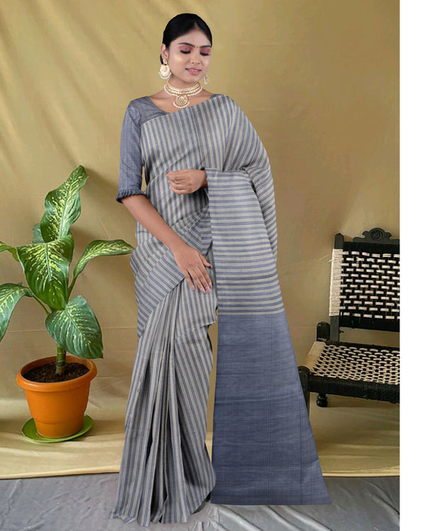 Handloom Silk cotton saree gray colour with straights line