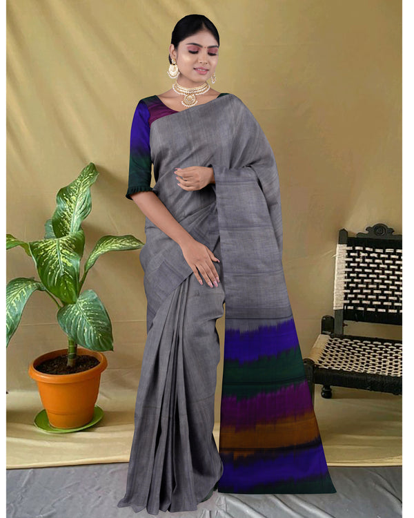 Handloom Silk cotton saree checked ash with multi colour pallu