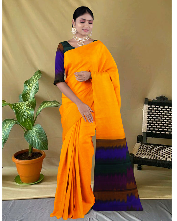 Handloom Silk cotton saree checked Tahiti Gold with multi colour pallu