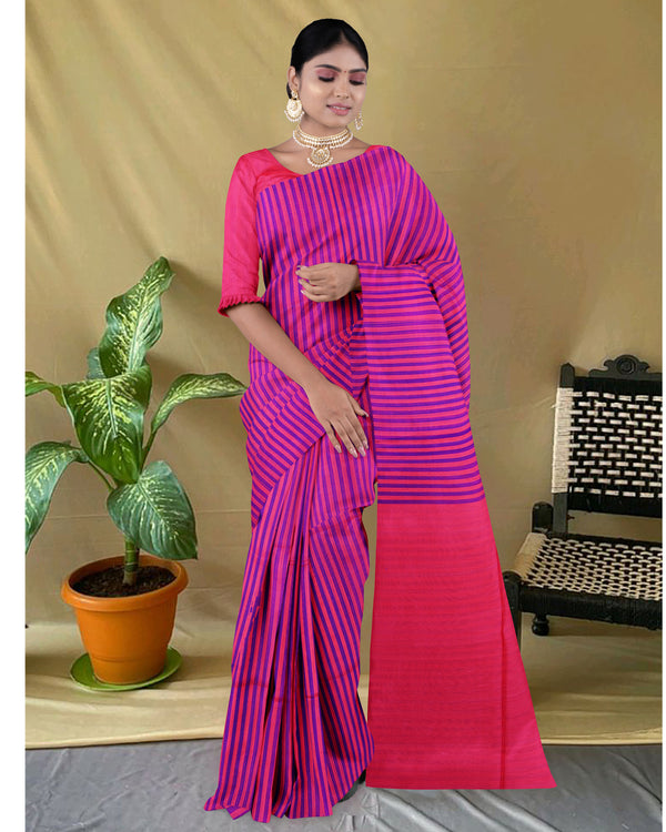 Handloom Silk cotton saree Deep Rose colour with line straights