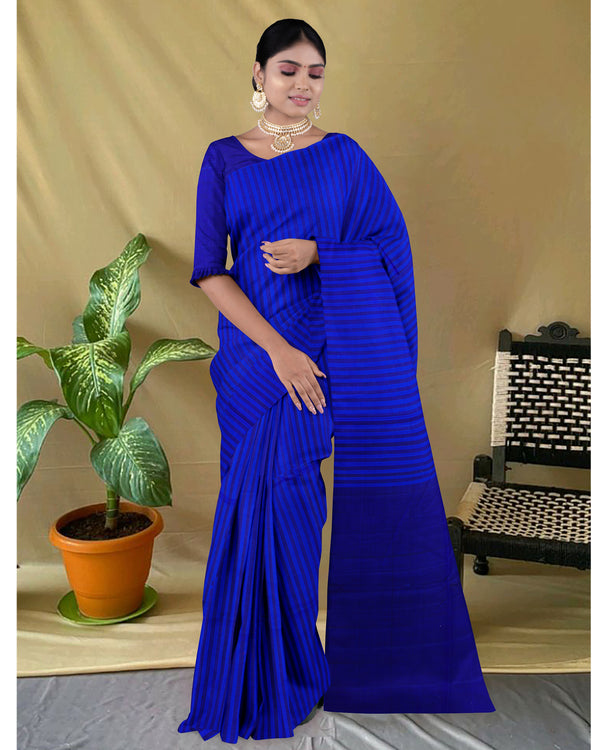 Handloom Silk cotton saree blue colour with straights line