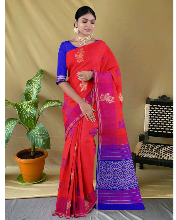 Handloom Silk cotton saree Red and blue colour pallu