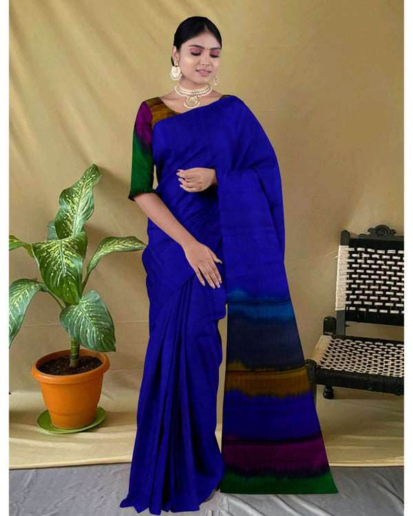 Handloom Silk cotton saree checked Dark Indigo with multi colour pallu