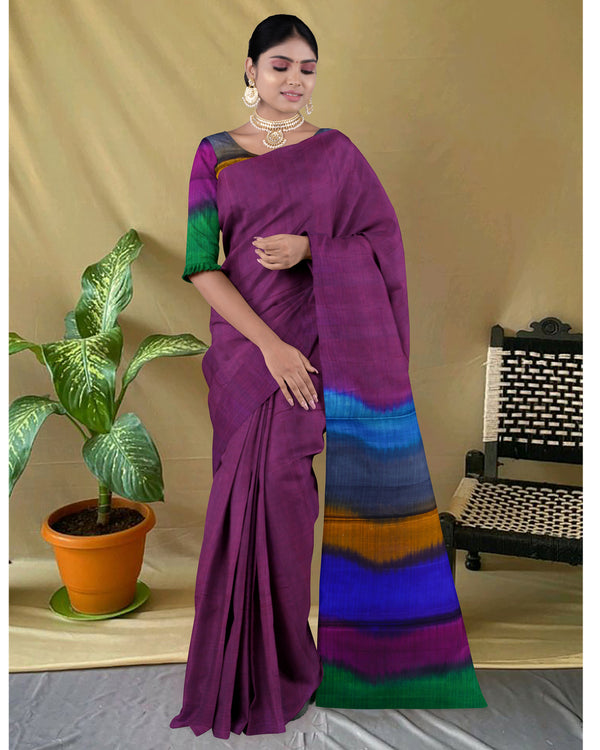 Handloom Silk cotton saree checked Grape Purple with multi colour pallu