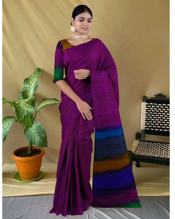 Handloom Silk cotton saree checked Deep Violet with multi colour pallu