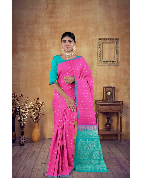 Handloom Soft Silk Saree Cerise Pink with Carnation green pallu