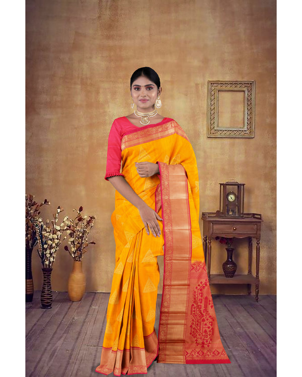 Handloom Soft Silk Saree Chrome Yellow with Bright Maroon pallu