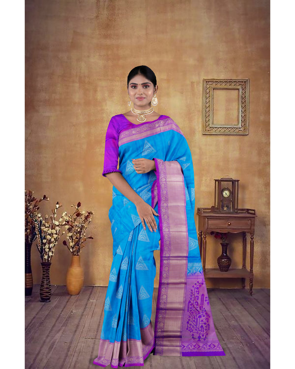 Handloom Soft Silk Saree Persian Blue with Trendy Green pallu