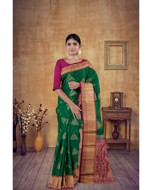Handloom Soft Silk Saree Sherwood Green with  Maroon pallu