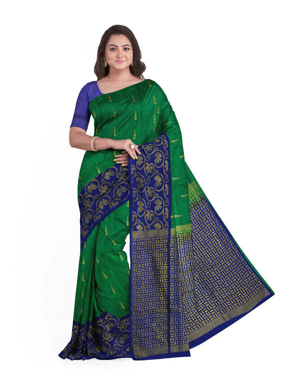 Dupion Semi soft silk green with  navy Blue pallu