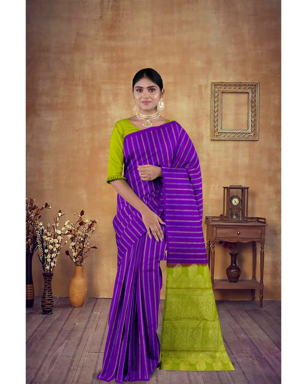 Handloom Soft Silk Saree Royal Purple with Trendy Green pallu