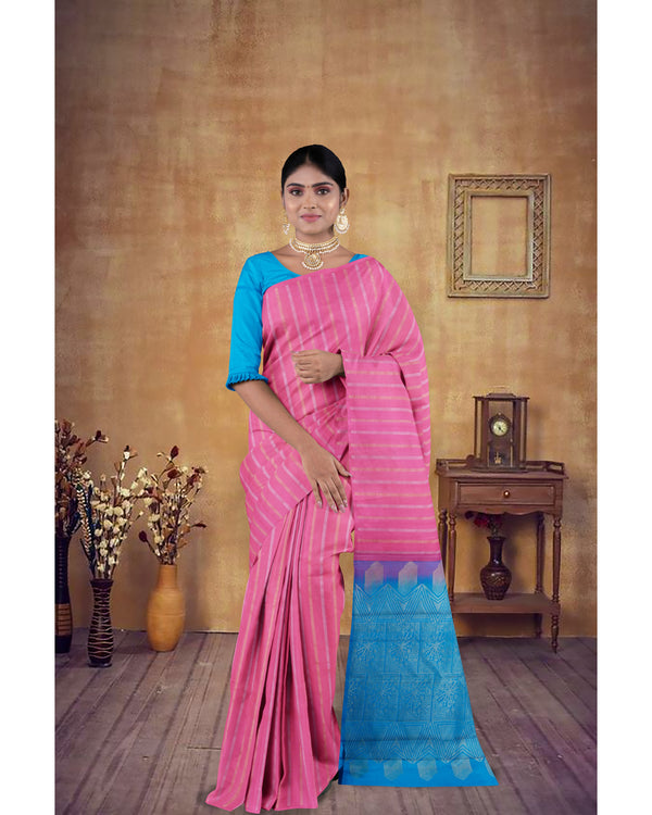Handloom Soft Silk Saree Raspberry Pink with Silk Blue pallu