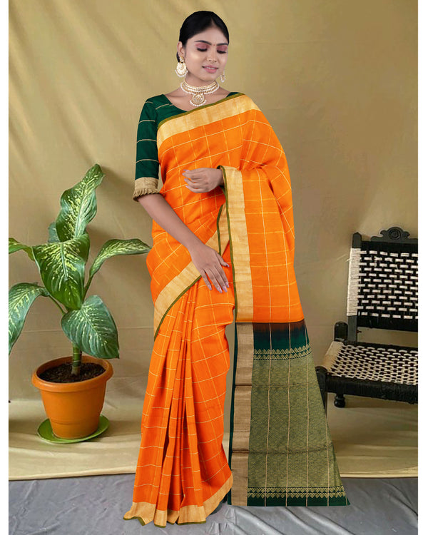 Handloom Silk cotton saree checked Bright Orange with green pallu
