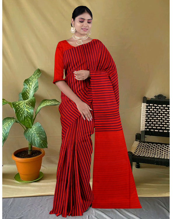 Handloom Silk cotton saree Red colour with straights line