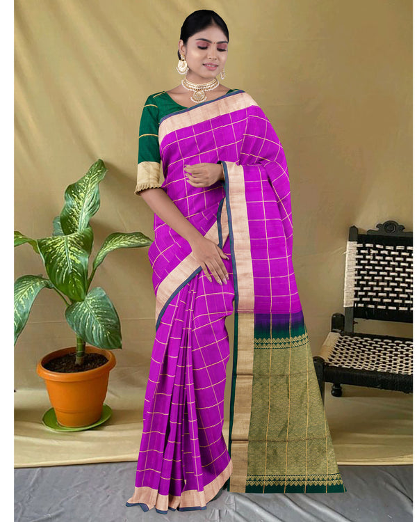 Handloom Silk cotton saree checked Barney Purple with green pallu