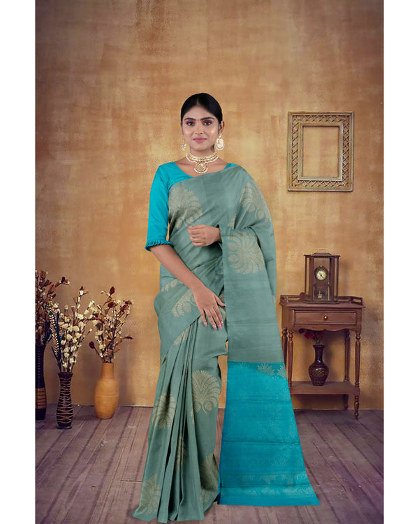 Handloom Soft Silk Saree Slate Grey with blue pallu