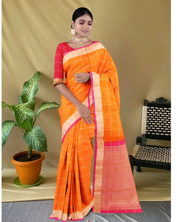 Handloom Silk cotton saree checked Pumpkin Orange with Red Pink pallu