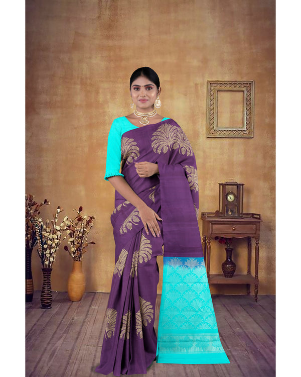 Handloom Soft Silk Saree Grape Purple with sky blue pallu