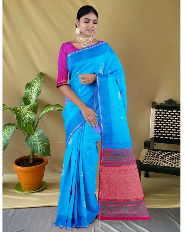 Handloom Silk cotton saree sky blue and  pink colour pallu