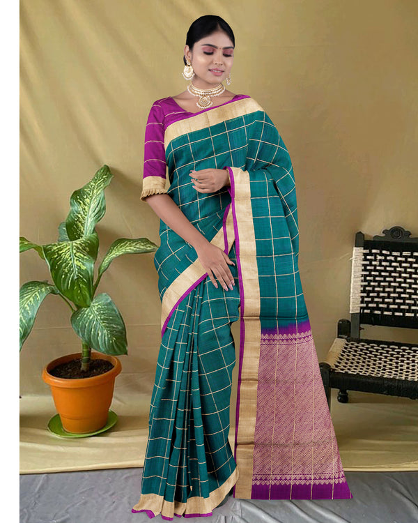 Handloom Silk cotton saree checked Deep Sea Green  with purple pallu