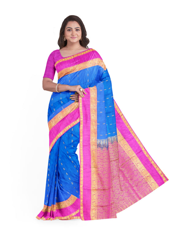 Dupion Semi soft silk sky blue with pink pallu