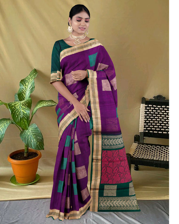 Handloom Silk cotton saree Grape Purple and Dark green colour pallu