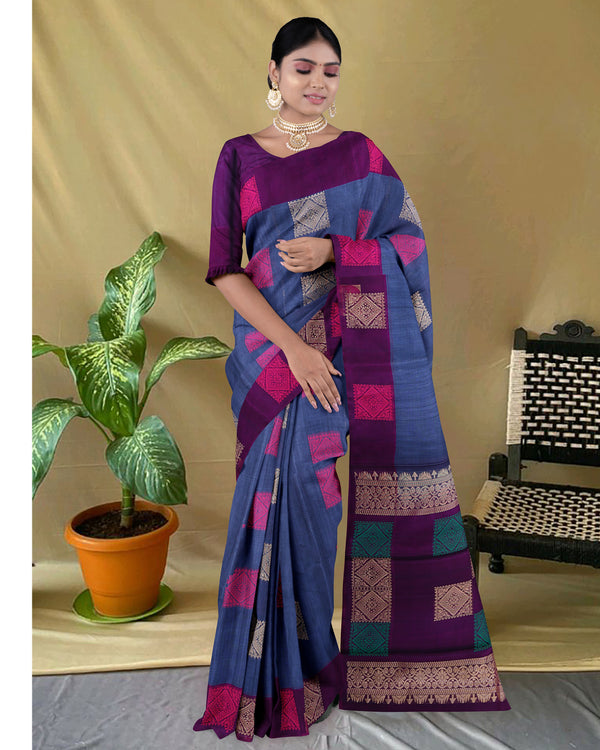 Handloom Silk cotton saree gray and purple colour pallu