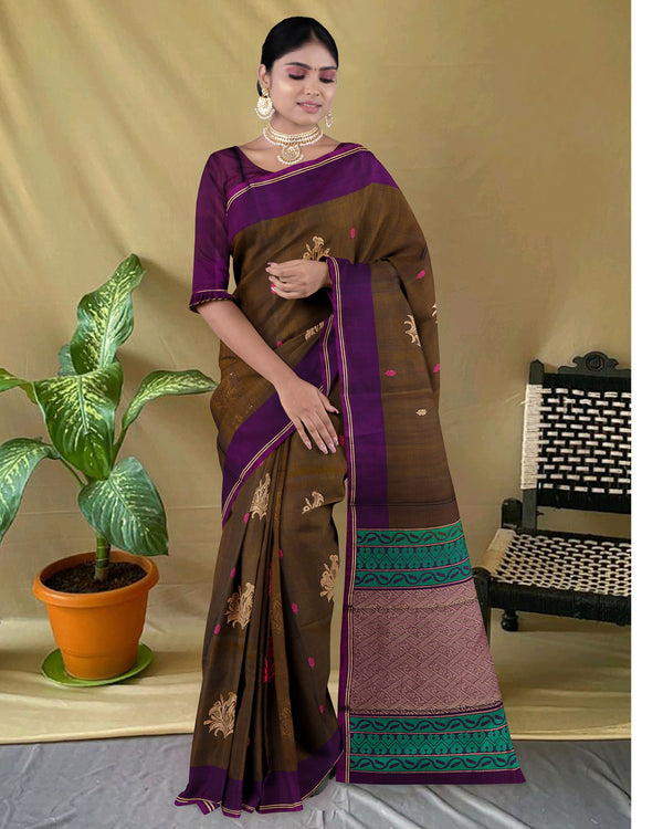 Handloom Silk cotton saree Woody Brown and  Sea Green colour pallu