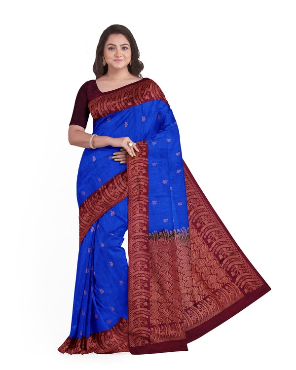 Dupion Semi soft silk blue with maroon pallu
