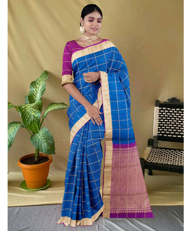 Handloom Silk cotton saree checked Sea Blue with purple pallu