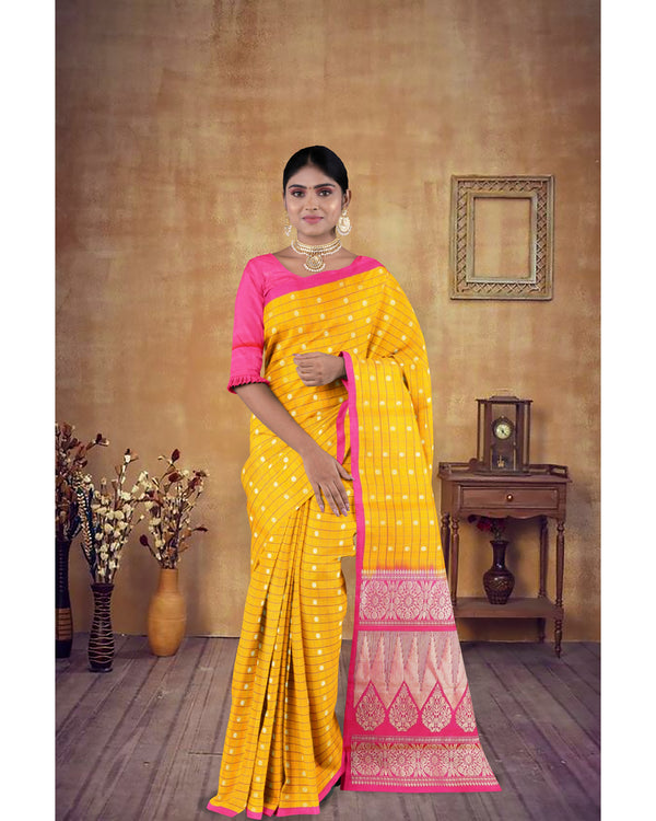 Handloom Soft Silk Saree Bee Yellow with Cerise Pink pallu