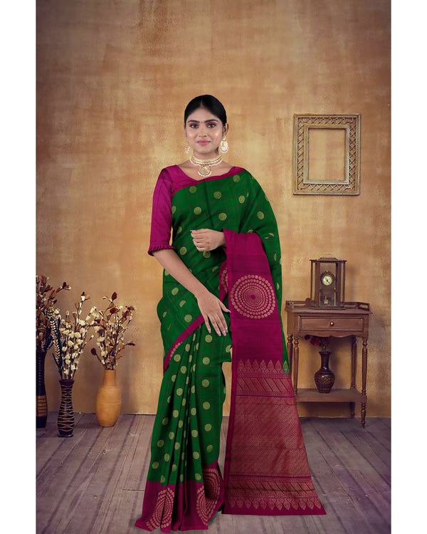 Handloom Soft Silk Saree Forest Green with Maroon pallu