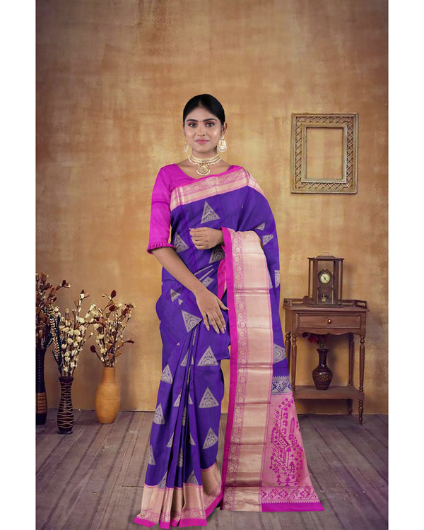 Handloom Soft Silk Saree Slate Blue with Carnation Pink pallu