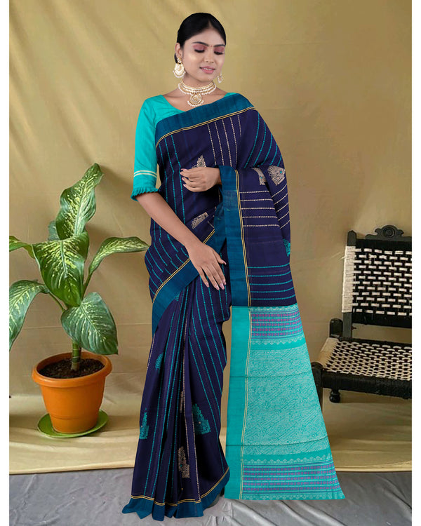 Handloom Silk cotton saree Navy blue and sky blue colour pallu