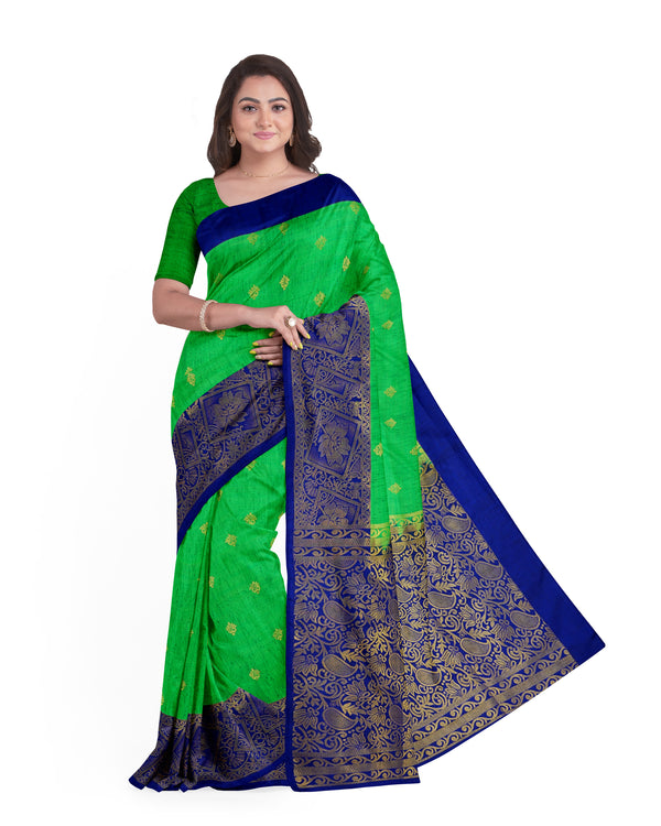 Dupion Semi soft silk green with blue pallu