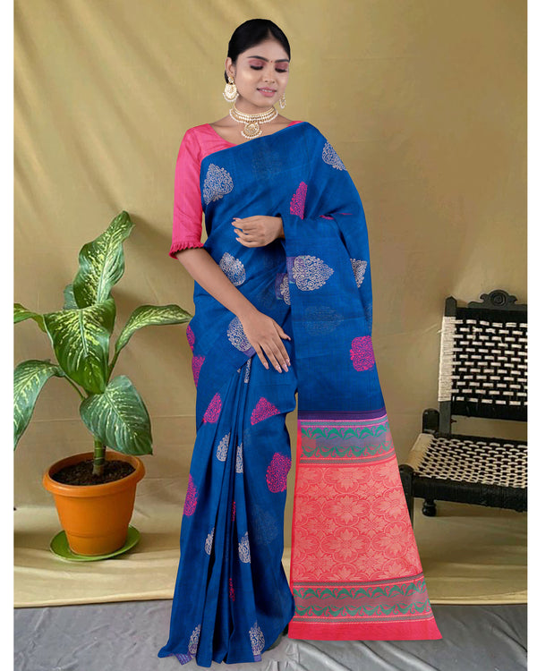 Handloom Silk cotton saree Blue and  magenta colour pallu