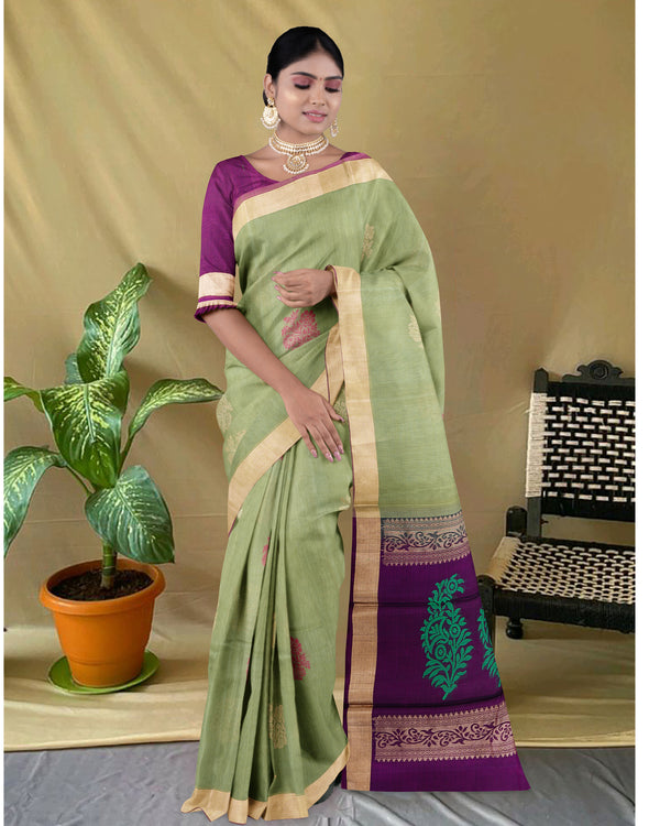 Handloom Silk cotton saree greeny gray and  maroon colour pallu