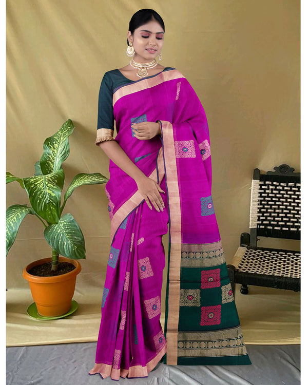Handloom Silk cotton saree Dark Magenta and  Bottle Green colour pallu