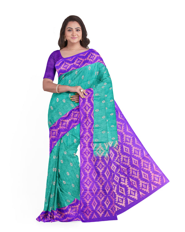 Dupion Semi soft silk aqua green with purple pallu